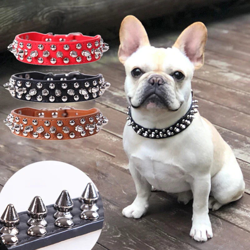 Colar de Couro Ajustável para Pets com Spikes - Acessório Estiloso para Cães e Gatos