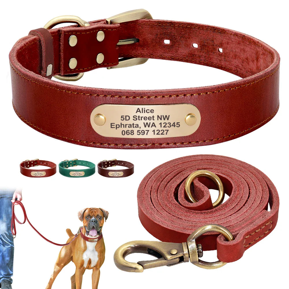 Conjunto Personalizado de Coleira e Guia de Couro para Cães com Placa de Nome Gravada