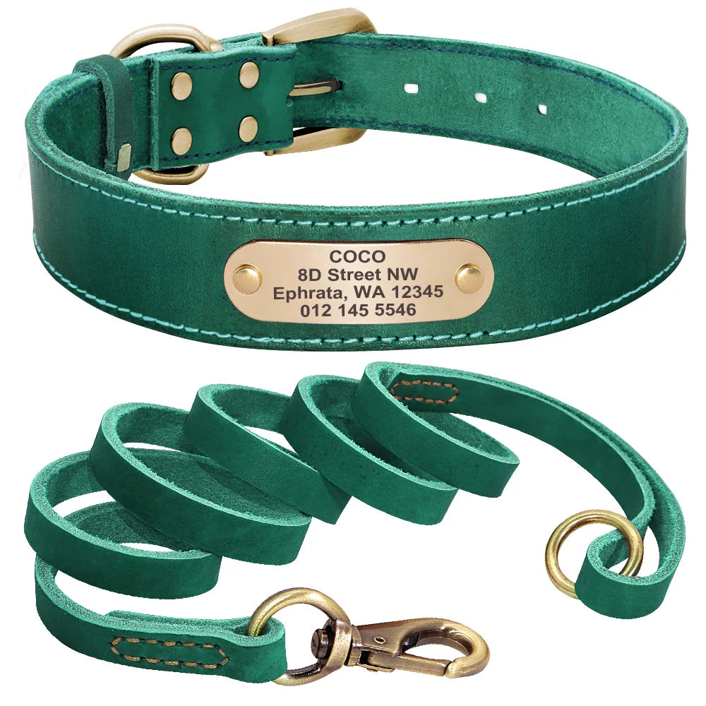 Conjunto Personalizado de Coleira e Guia de Couro para Cães com Placa de Nome Gravada