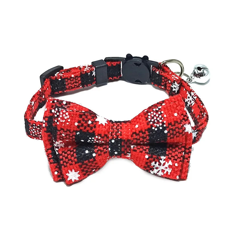 Collar de Natal para Gatos com Laço, Sino e Estampa Xadrez - Ajustável e Confortável