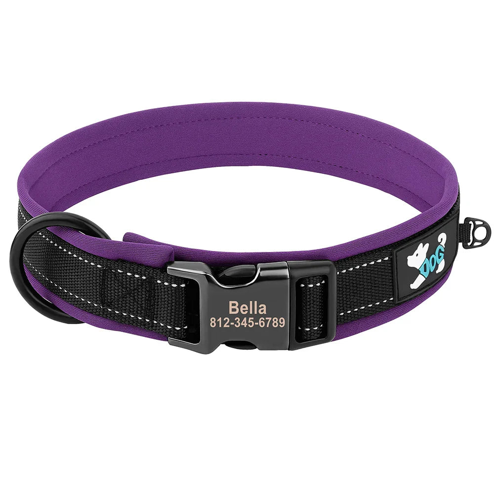 Collar Personalizado para Cães Ajustável com Tag de ID Gravada e Refletivo - Conforto e Segurança