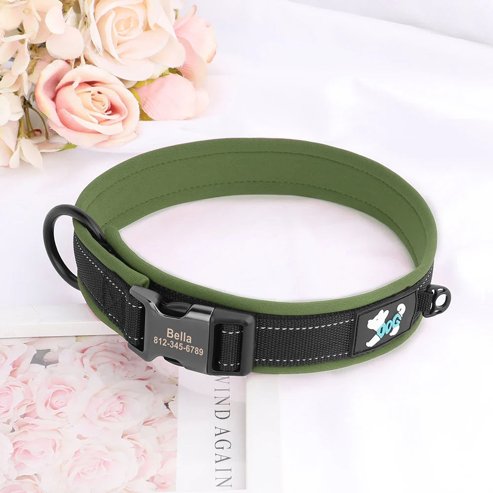 Collar Personalizado para Cães Ajustável com Tag de ID Gravada e Refletivo - Conforto e Segurança