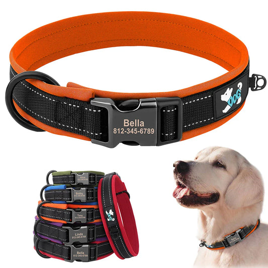 Collar Personalizado para Cães Ajustável com Tag de ID Gravada e Refletivo - Conforto e Segurança