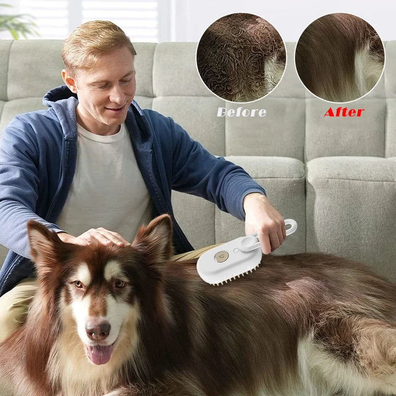 Escova a Vapor 3 em 1 para Limpeza e Beleza de Pets - Massageador e Removedor de Pelos