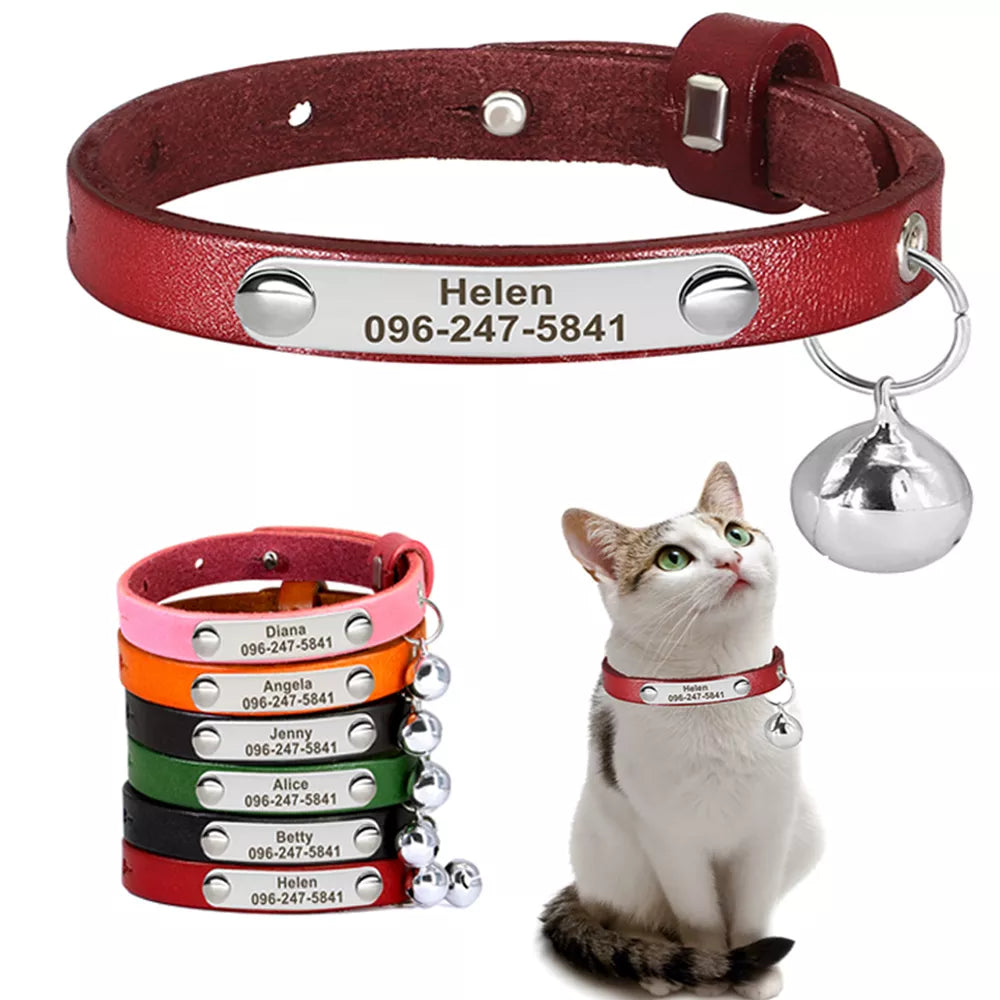 Collar Personalizado para Gatos | Coleira Ajustável de Couro com Nome | Acessórios Anti-perda