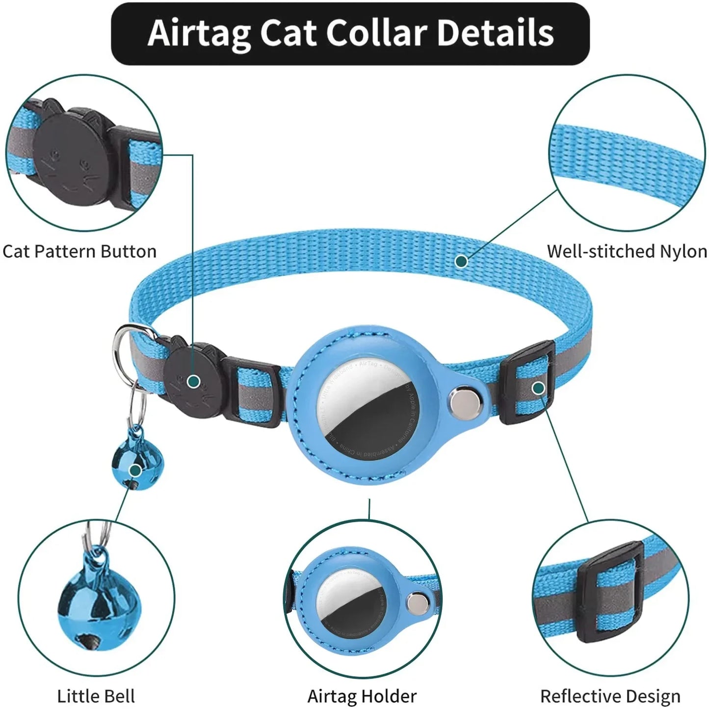 Colar para Gato com Holder AirTag - Refletivo, Ajustável e à Prova d'Água com Sino