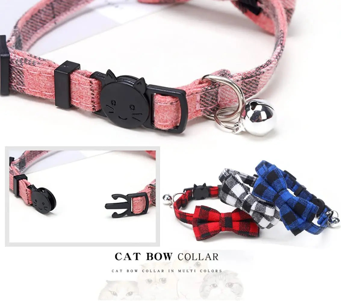 Collar de Natal para Gatos com Laço, Sino e Estampa Xadrez - Ajustável e Confortável