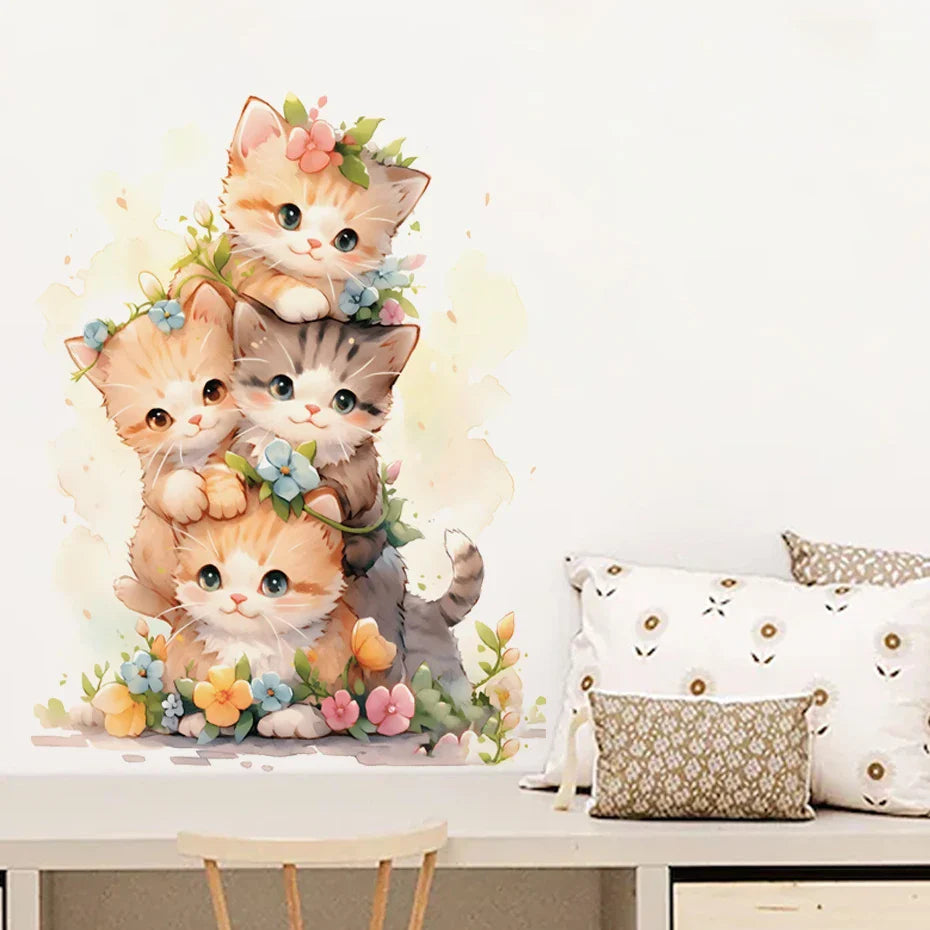 Adesivo de Gatinho em Aquarela para Decoração de Quarto Infantil - Arte Divertida para Portas e Janelas