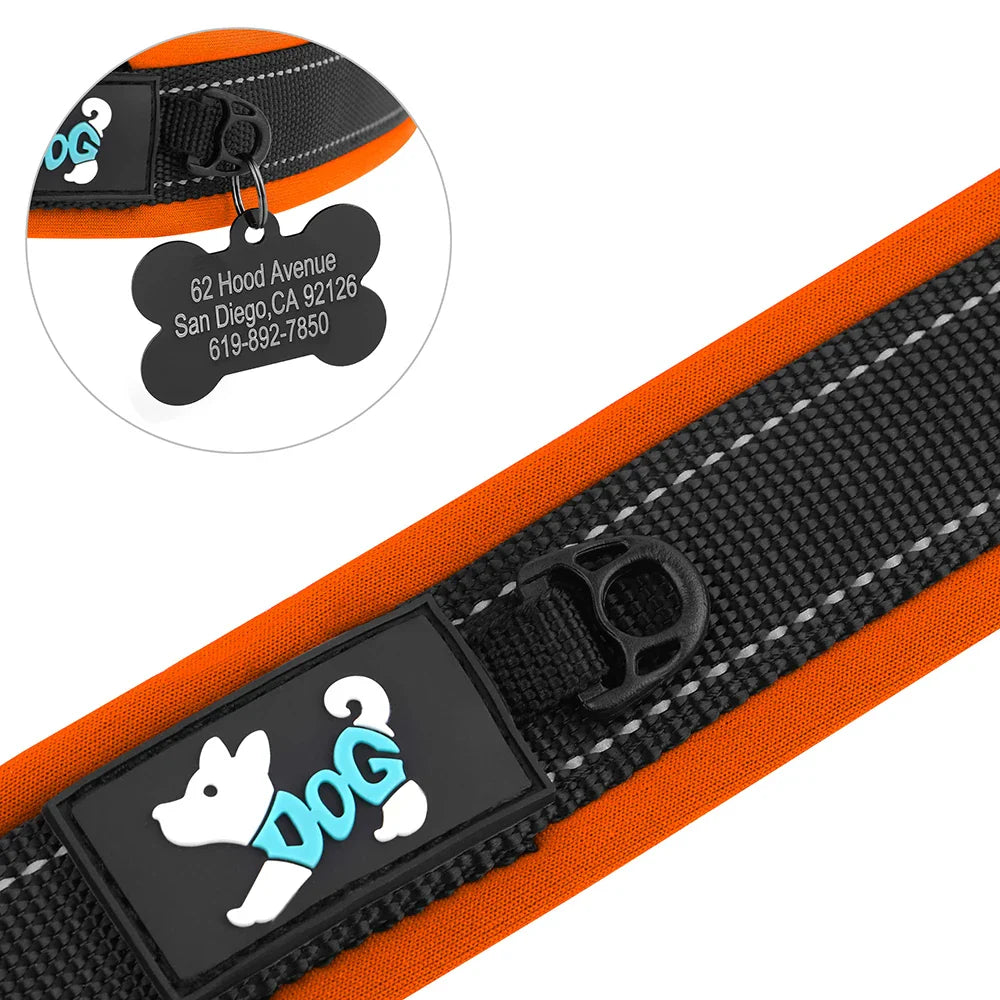 Collar Personalizado para Cães Ajustável com Tag de ID Gravada e Refletivo - Conforto e Segurança