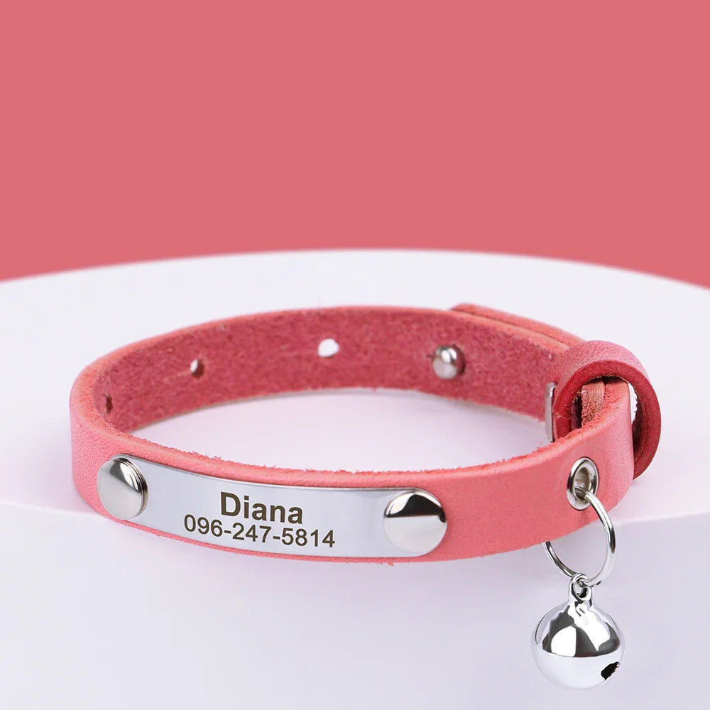 Collar Personalizado para Gatos | Coleira Ajustável de Couro com Nome | Acessórios Anti-perda