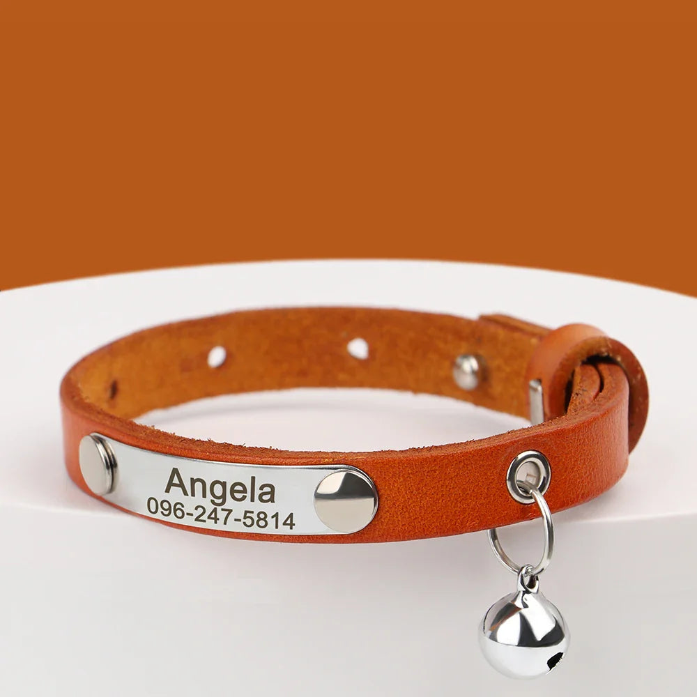 Collar Personalizado para Gatos | Coleira Ajustável de Couro com Nome | Acessórios Anti-perda