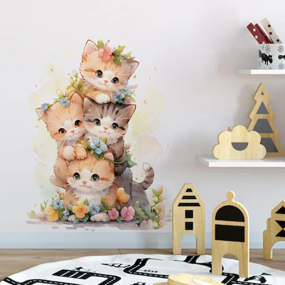 Adesivo de Gatinho em Aquarela para Decoração de Quarto Infantil - Arte Divertida para Portas e Janelas