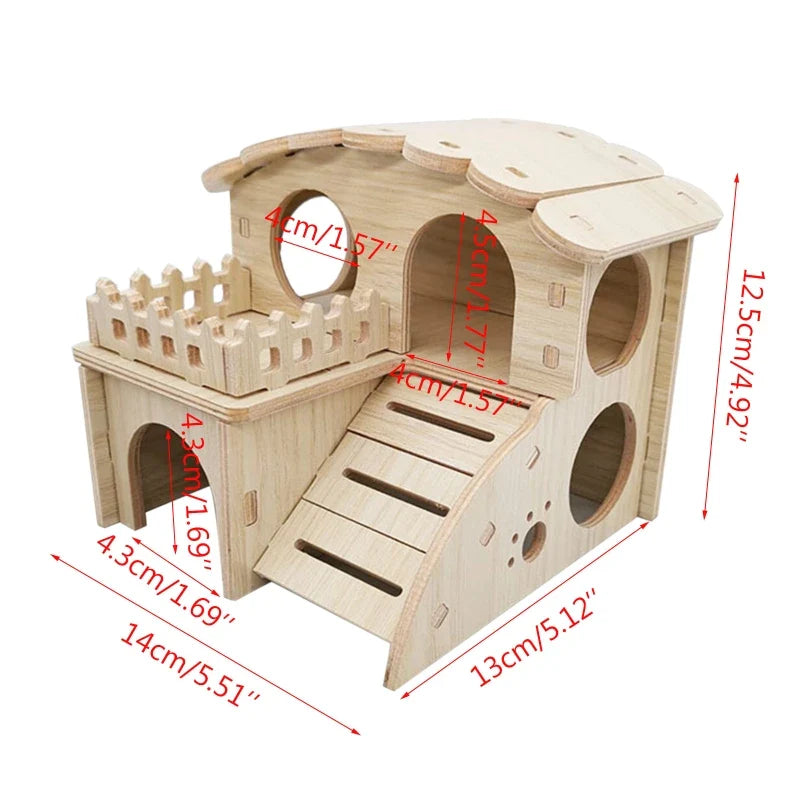 Casa de Madeira em Dois Andares para Hamsters e Animais de Estimação Pequenos - Refúgio e Brinquedo