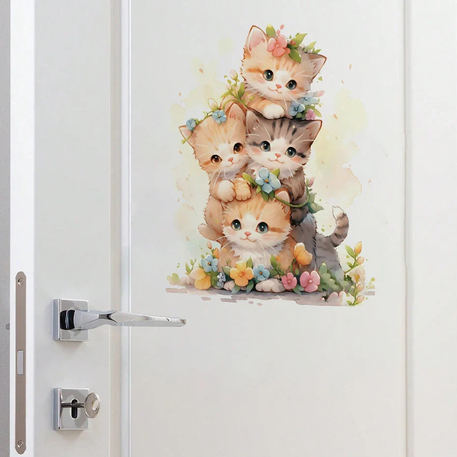 Adesivo de Gatinho em Aquarela para Decoração de Quarto Infantil - Arte Divertida para Portas e Janelas