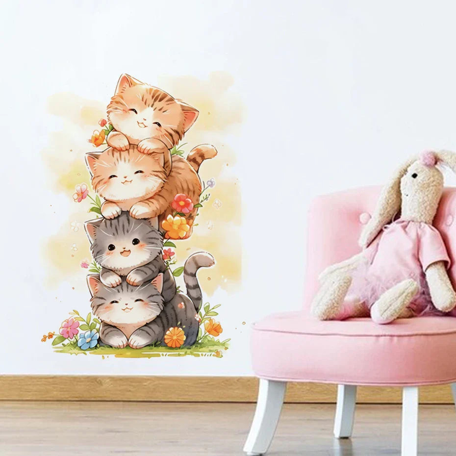 Adesivo de Gatinho em Aquarela para Decoração de Quarto Infantil - Arte Divertida para Portas e Janelas