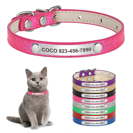 Collar Personalizado para Gatos em Couro com ID Gratuito - Acessório Brilhante para Pets