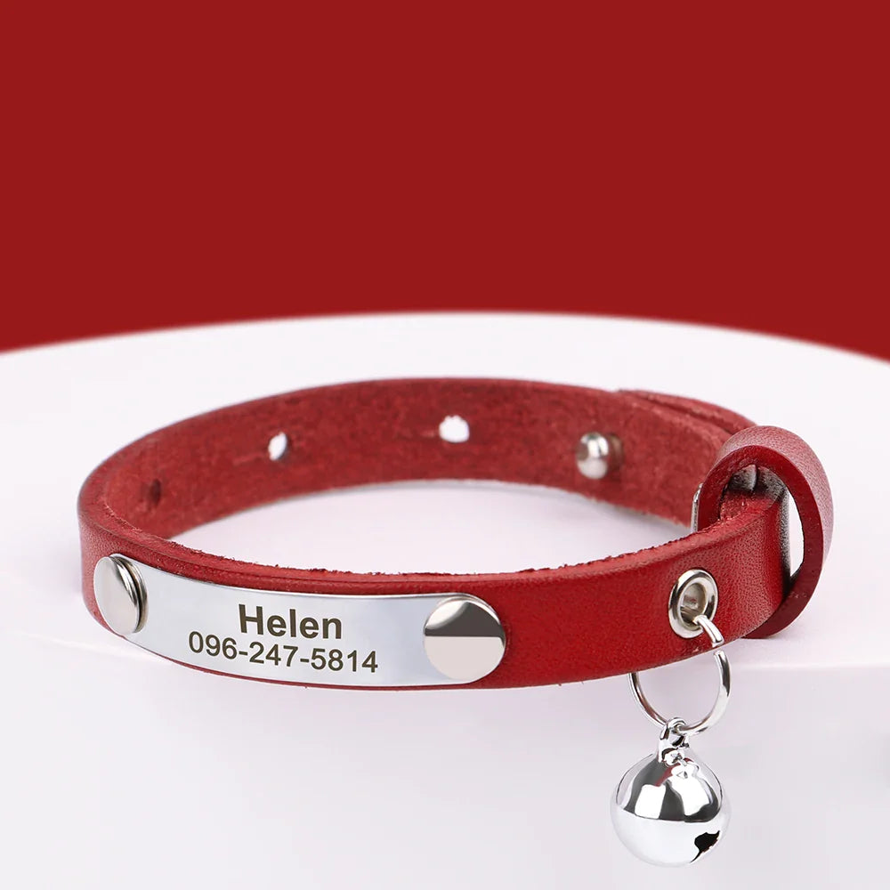 Collar Personalizado para Gatos | Coleira Ajustável de Couro com Nome | Acessórios Anti-perda