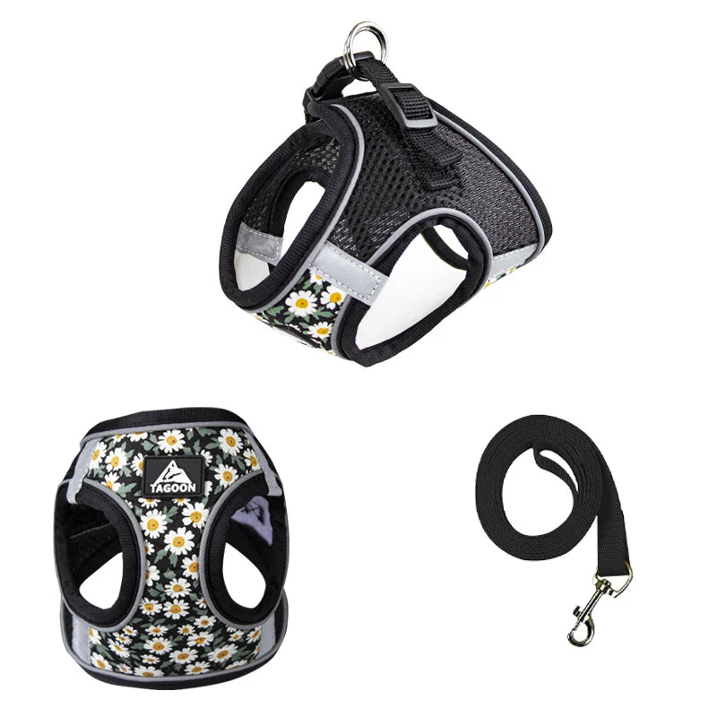 Conjunto de Coleira e Guia Floral Refletiva para Cães Pequenos - Antifuga e Confortável