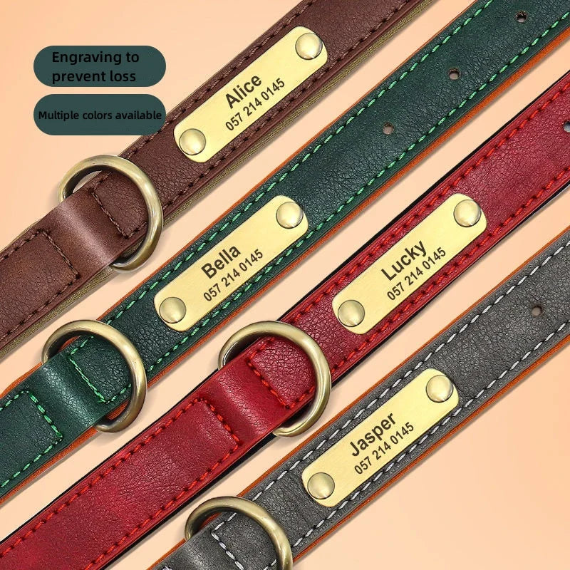 Collar de Cão de Couro Personalizado com Identificação - Ajustável e Almofadado