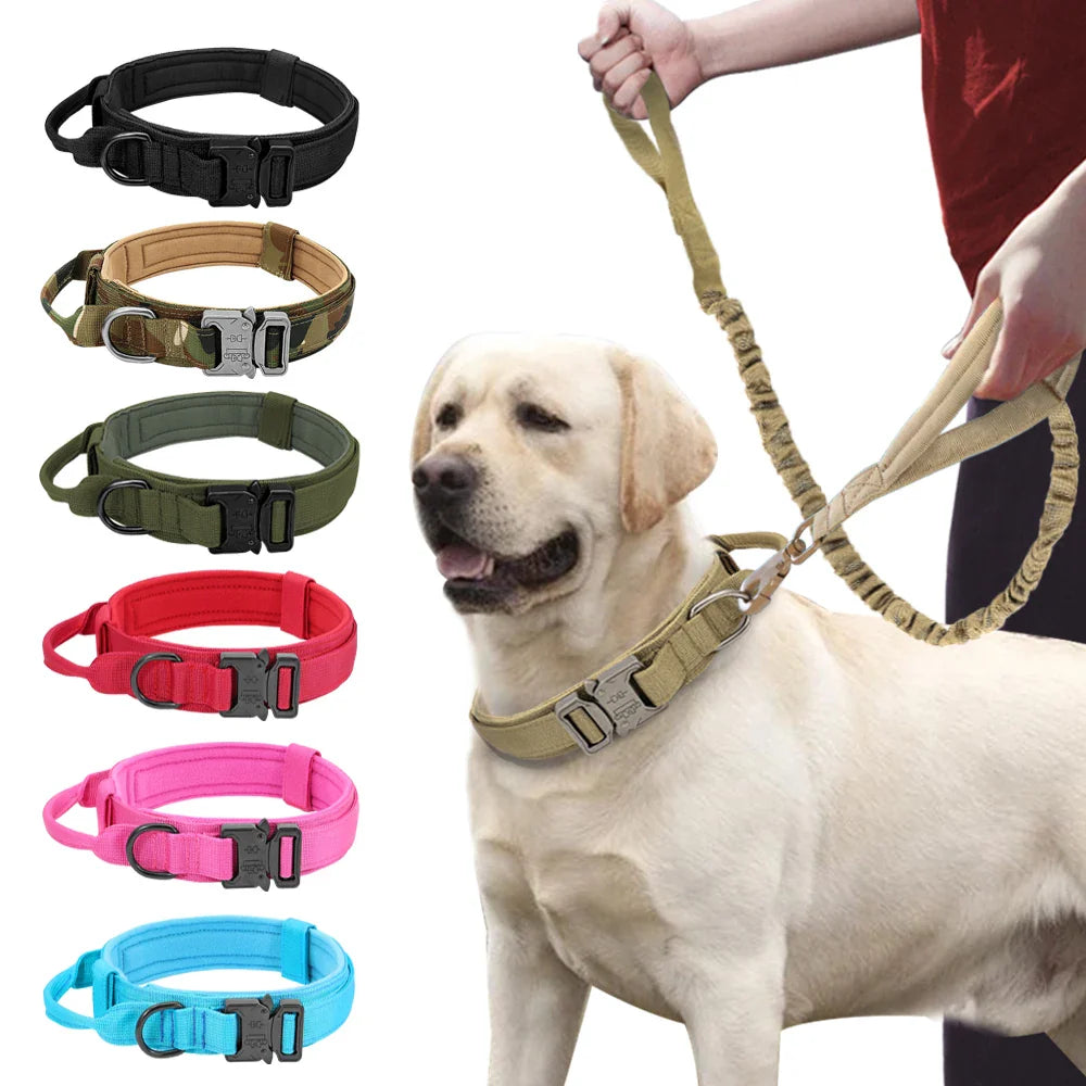 Conjunto de Coleira e Guia Bungee para Cães - Collar Tático de Nylon para Treinamento e Passeio