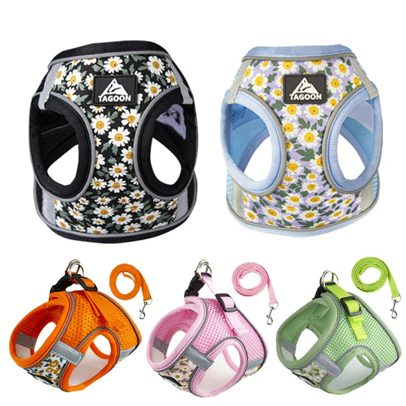 Conjunto de Coleira e Guia Floral Refletiva para Cães Pequenos - Antifuga e Confortável