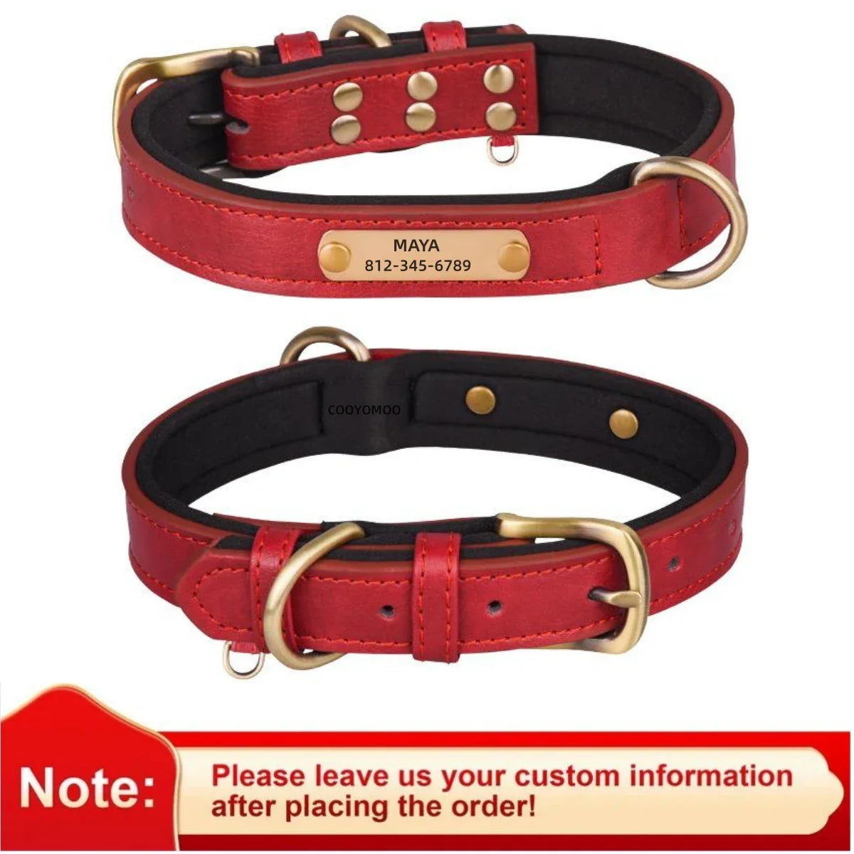 Collar de Cão de Couro Personalizado com Identificação - Ajustável e Almofadado