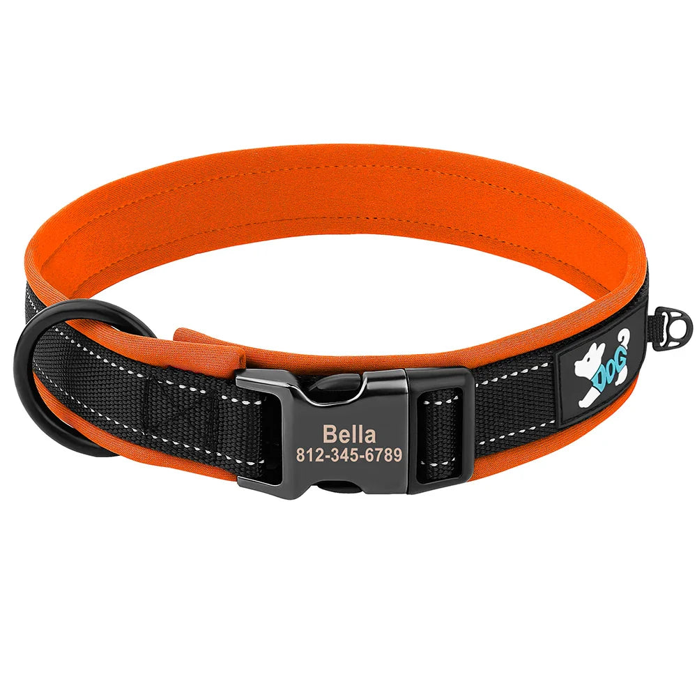 Collar Personalizado para Cães Ajustável com Tag de ID Gravada e Refletivo - Conforto e Segurança