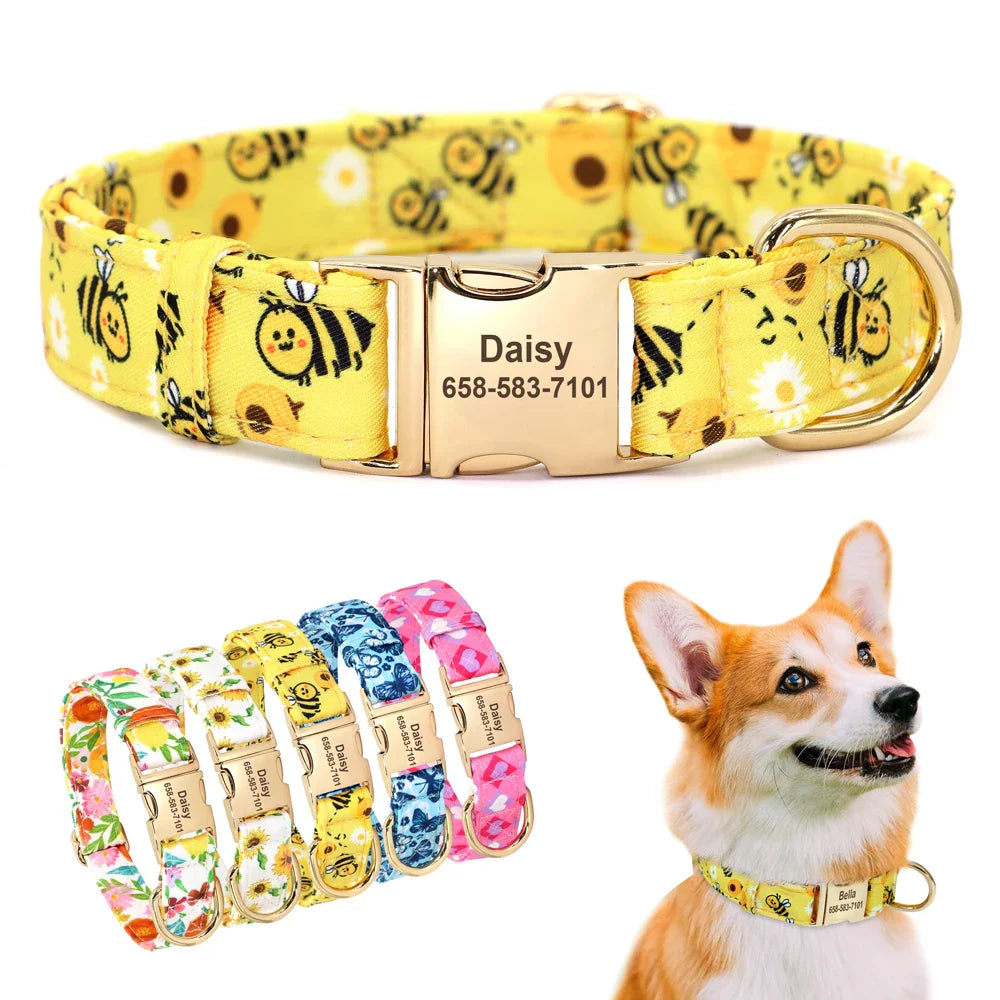 Collar de Nylon Personalizado com Estampa de Flor e Abelha - ID para Pets Inclusa