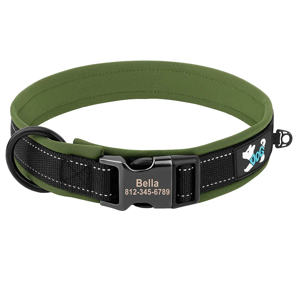 Collar Personalizado para Cães Ajustável com Tag de ID Gravada e Refletivo - Conforto e Segurança