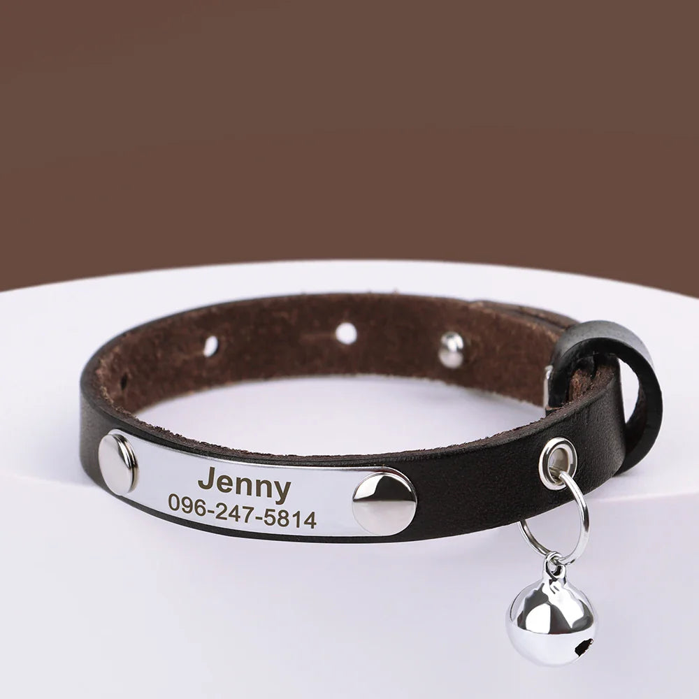 Collar Personalizado para Gatos | Coleira Ajustável de Couro com Nome | Acessórios Anti-perda