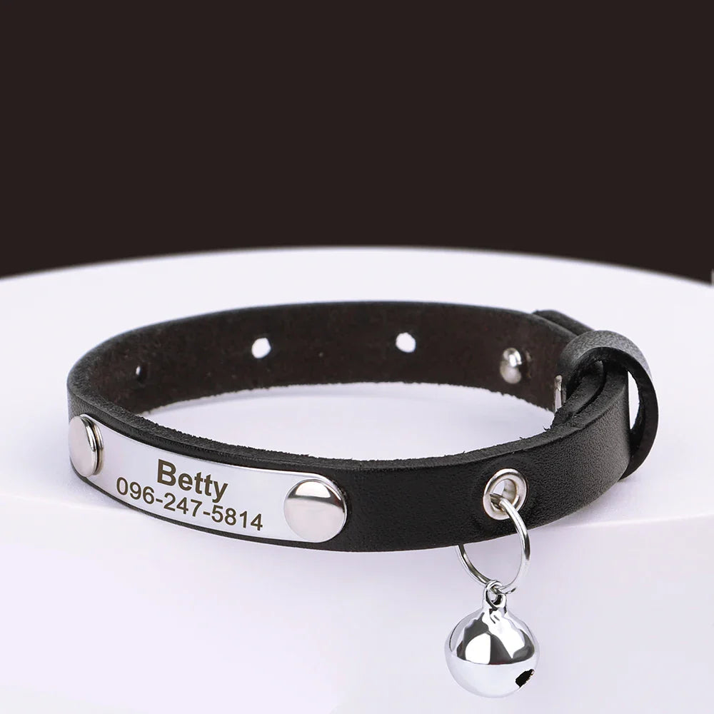 Collar Personalizado para Gatos | Coleira Ajustável de Couro com Nome | Acessórios Anti-perda