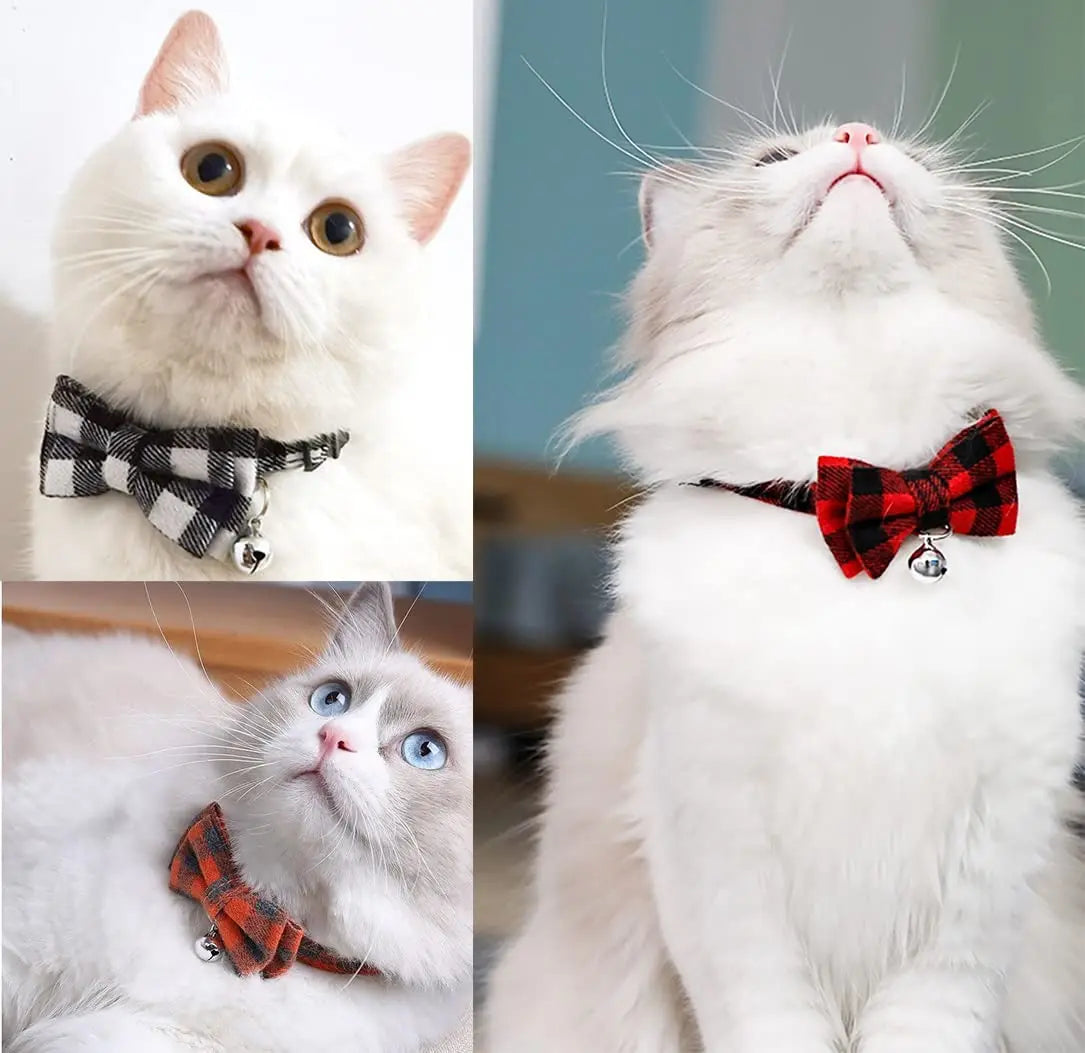 Collar de Natal para Gatos com Laço, Sino e Estampa Xadrez - Ajustável e Confortável